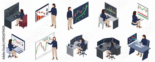 Isometric Detailed Trader Working On Stock Exchange Market Illustration Set