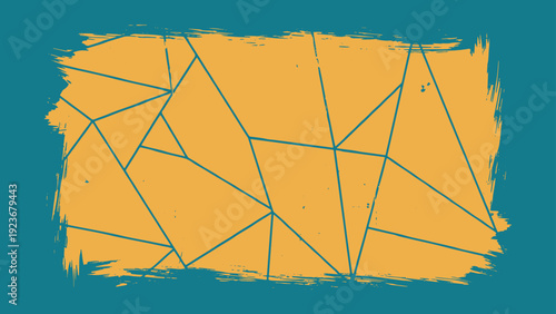 Abstract geometric lines on orange grunge texture rectangle creating a fragmented mosaic pattern on a teal background design element