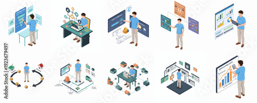 Isometric Businessman Working on Digital Screen Interface Technology Icon Set