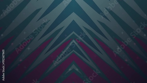 Geometric pattern of teal and purple chevrons on a dark background with a white space