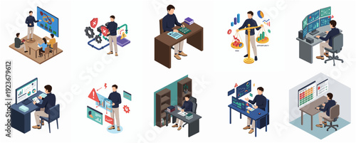 Isometric Detailed Businessman Workplace Activity and Business Professional Lifestyle Illustration