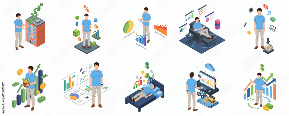 Fototapeta premium Isometric Man Achieving Financial Goals and Automating Tasks for Business Growth Concepts