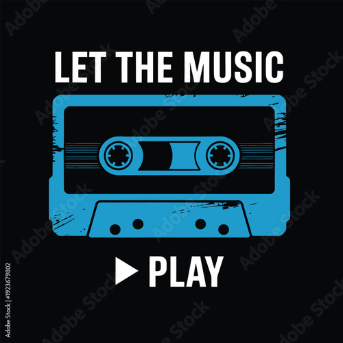 Retro Cassette Tape Graphic with Play Button and Music Text vector illustration