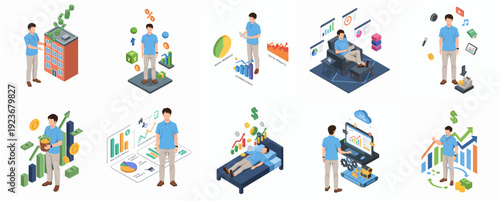 Isometric Man Achieving Financial Goals and Automating Tasks for Business Growth Concepts