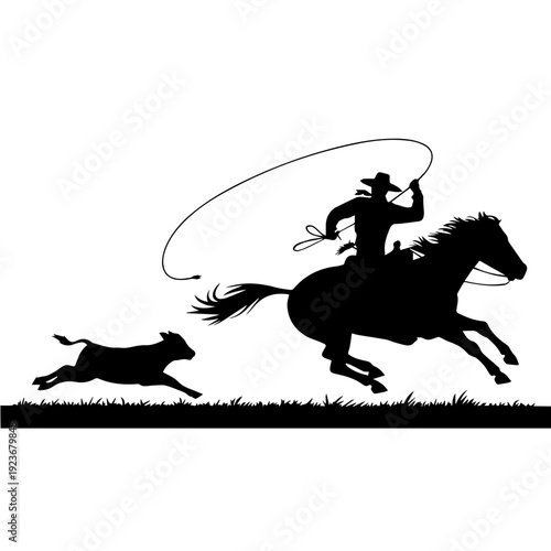 Dynamic Silhouette of Cowboy Lassoing Calf During High Speed Western Cattle Roundup Chase Action Scene Vector