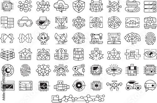 Artificial Intelligence, Cyber Security, and Digital Transformation Icons