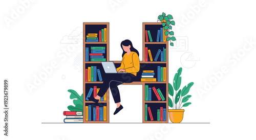 Young woman sits inside a large bookshelf shaped like the letter H while working on her laptop surrounded by books and house plants.