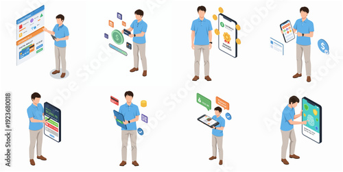 Isometric Style Man Interacting with Digital Devices Gadgets Technology Concept Illustration