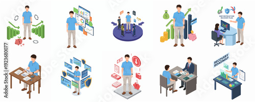 Isometric Businessman in Various Business Activity Scenarios Illustration