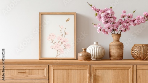 Elegant floral arrangement with artwork on wooden cabinet against white wall