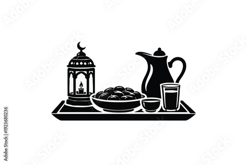 Ramadan Iftar Tray with Lantern and Dates Silhouette Vector