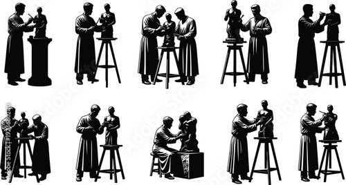 Sculptors carving statues in art studio sculpture workshop craftsmanship artisan creative process statue making vector illustration set