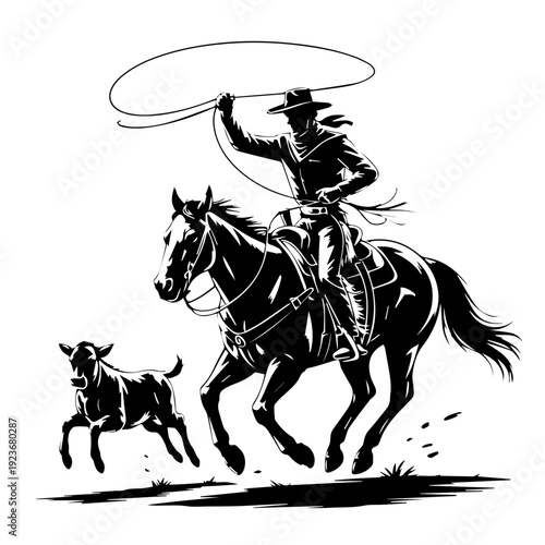 Dynamic Silhouette of Cowboy Lassoing Calf During High Speed Western Cattle Roundup Chase Action Scene Vector