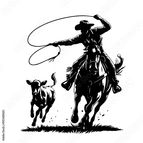 Dynamic Silhouette of Cowboy Lassoing Calf During High Speed Western Cattle Roundup Chase Action Scene Vector