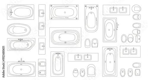 Collection of various bathroom fixtures and design elements in a detailed architectural drawing.