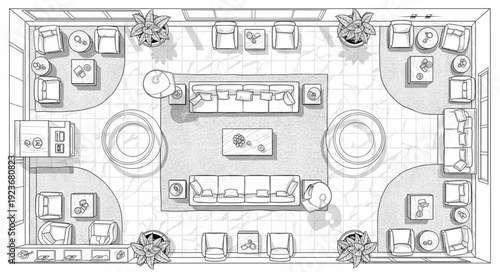 Elegant interior design layout with detailed furniture arrangement and decor.