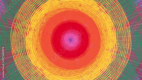 Vibrant abstract concentric circles art with yellow, orange, red, and pink hues on a green background