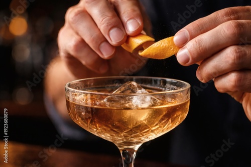 Wallpaper Mural Close-up of bartender adding orange peel garnish to a cocktail with ice in a coupe glass, warm bar lighting in background. Torontodigital.ca