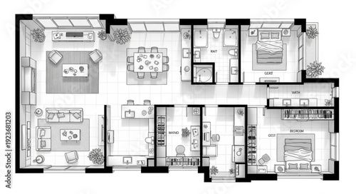 Detailed architectural floor plan showcasing the layout of a modern residential apartment.