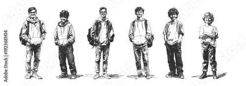 Teen boys casual clothing modern youth characters. Stylish teenagers wearing hoodie and backpack in relaxed poses. Detailed pen sketch drawing style hand drawn illustration, for youth marketing.