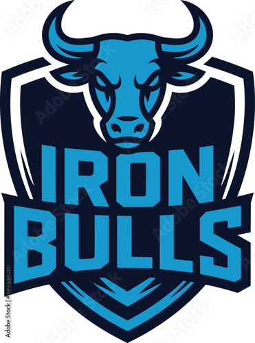 Iron bulls mascot logo for sports athletic team with blue ox head illustration on dark shield