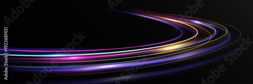 Abstract colorful neon light trails sweeping in a smooth curved motion, symbolizing speed, energy flow and futuristic digital technology on a dark background.
