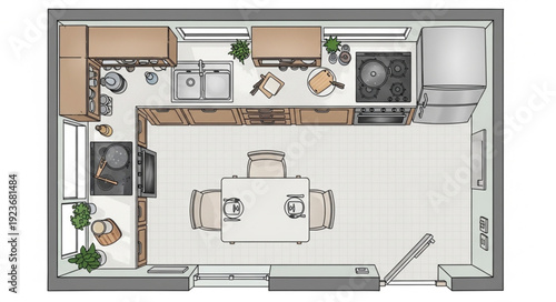Top-down view of a modern kitchen and dining area with furniture.