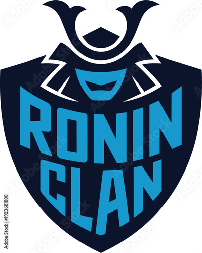 Samurai ronin clan mascot logo for professional esports team on dark blue shield shaped emblem