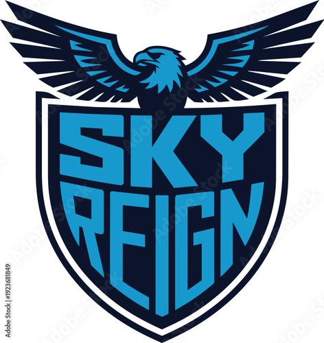 Sky reign eagle mascot logo design for athletic sports team with spreading wings on blue shield