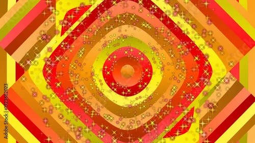 Vibrant abstract graphic design with concentric circles and colorful patterns on a yellow background