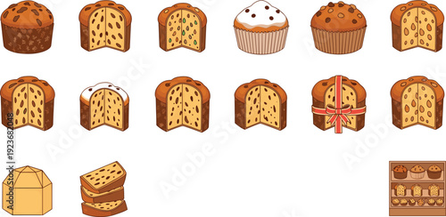 Panettone and Sweet Bread Collection with Sliced Holiday Cakes and Traditional Italian Bakery Variations Isolated on White Background
