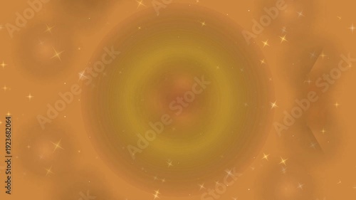 Vibrant orange gradient background with yellow circular pattern and sparkles