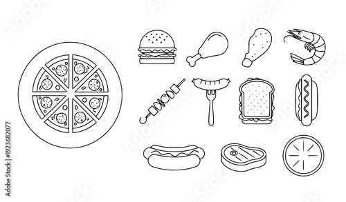 Minimal outline food line icon set with pizza, burger, and meat items isolated on transparent background