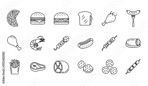 Flat food line icon collection with pizza, burger, meat, and seafood isolated on transparent background