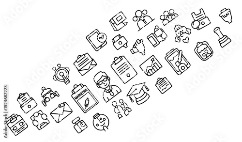 Decorative thin outline dotted icons for business, marketing, and entrepreneurship isolated on transparent background