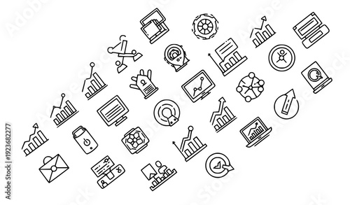Decorative thin outline dotted icons for business, marketing, and AI technology isolated on transparent background