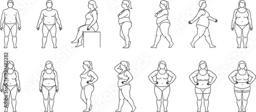Overweight and Obese Body Types Line Art Collection with Male and Female Figures in Different Poses Isolated on White Background