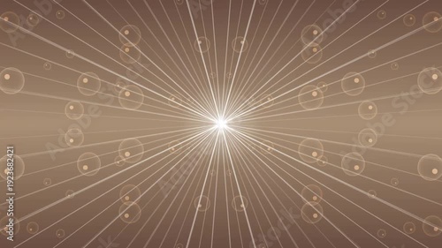 Digital illustration of a radiant sunburst with white lines and circles on a brown gradient background