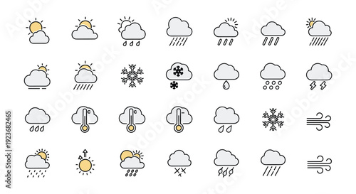 Comprehensive set of weather icons displays various conditions including sun, clouds, rain, snow, thunderstorms, and windy forecasts.