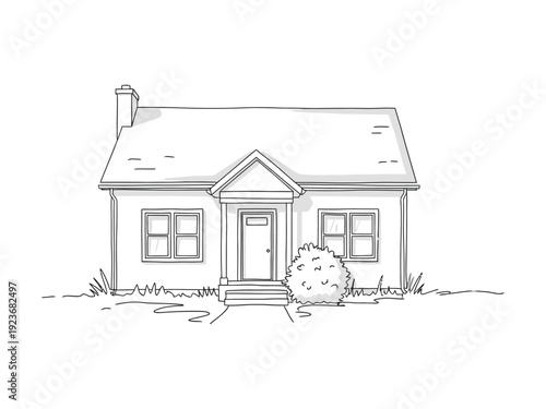 Charming hand-sketched cozy house. Black and white line art vector illustration ideal for real estate, home sweet home, architecture sketches, coloring pages, or family themes.