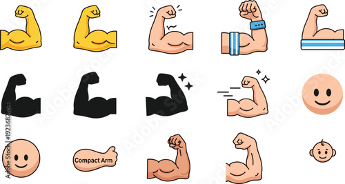 Strong Arm and Biceps Icon Collection with Flexing Muscle Symbols and Fitness Emoji Isolated on White Background