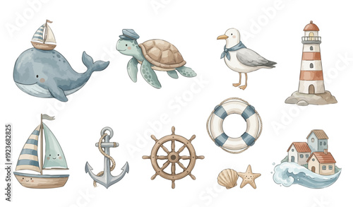 Cute watercolor nautical clipart set: whale, turtle, seagull, lighthouse, sailboat! Collection of Vector illustrations. Perfect for invitation, card, poster, banner, decoration
