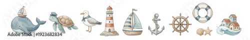 Watercolor ocean travel elements: anchor, ship wheel, lifebuoy, waves, shells. Collection of Vector illustrations. Perfect for invitation, card, poster, banner, decoration