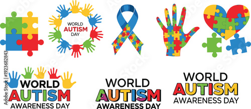 World Autism Awareness Day icon set featuring colorful puzzle pieces heart ribbon and hand symbols for health support campaign and medical education vector illustration