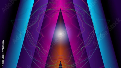 Vibrant abstract illustration of glowing light through triangular prism with neon colors and futuristic design elements
