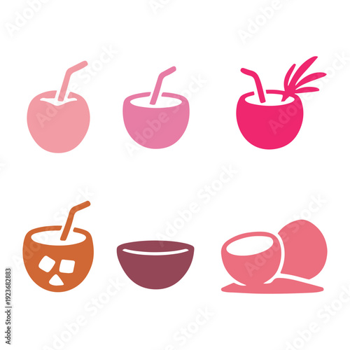 Colorful illustrated drinks in coconut shells with straws and garnishes