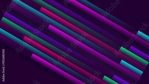 Diagonal colorful neon bars on a dark background with vibrant purple, pink, green and blue hues.