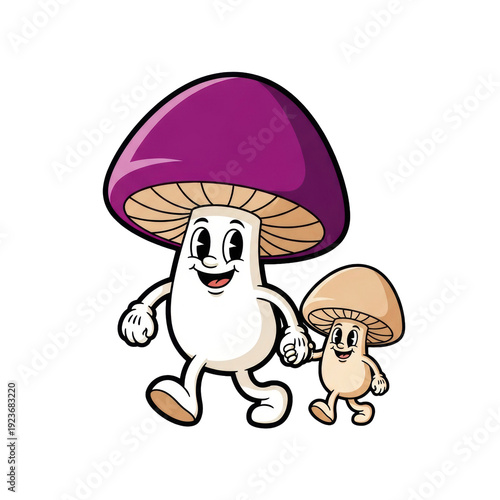 vibrant purple and beige mushroom characters, stylized in 1970s retro vector art with thick black outlines, walking together cheerfully on white, illustrating warm companionship concept