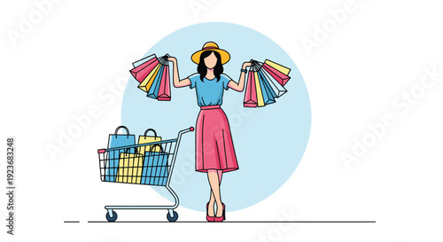 Fashionable woman stands with a shopping cart and many colorful bags to celebrate a successful and productive retail shopping trip.