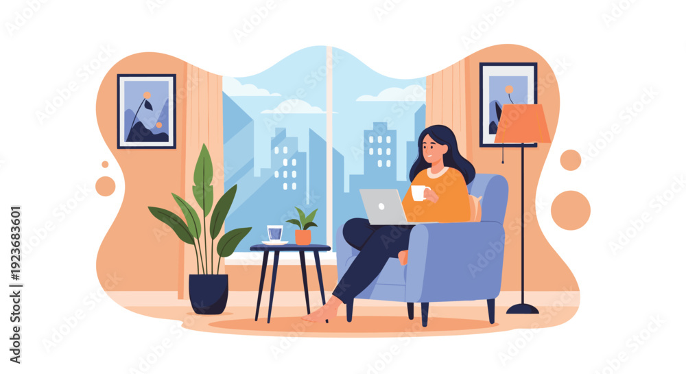Fototapeta premium Productive young woman working from home in a cozy living room sitting in a comfortable armchair with a laptop and a cup of coffee.
